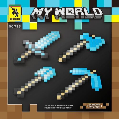 Bộ lắp ráp vũ khí Minecraft RENZAIMA 733 cho bé trai 6 tuổi, gồm kiếm, rìu, cuốc, xẻng kim cương.