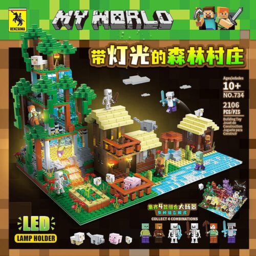 bộ lắp ráp Làng Minecraft RENZAIMA 734 cho bé trai 10 tuổi, có đèn LED, giá rẻ.
