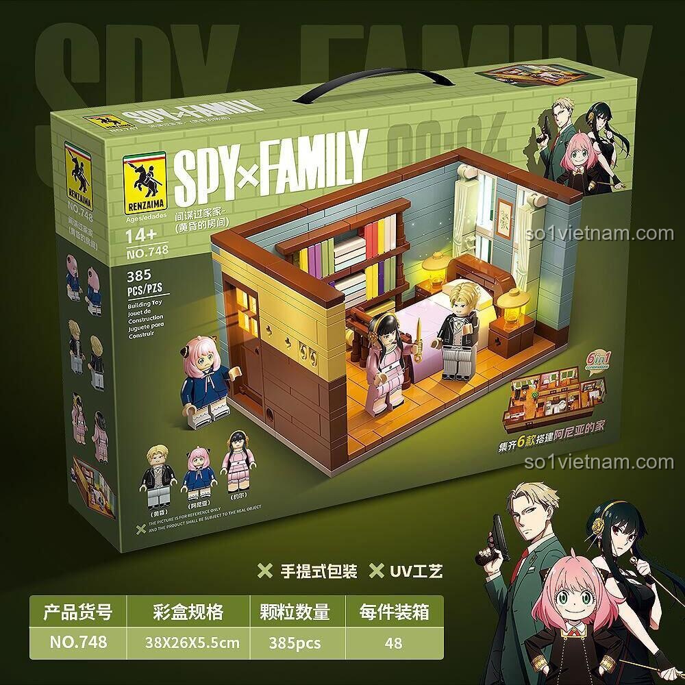 Hộp bộ xếp hình RENZAIMA 748 Phòng của Gia Đình Forger, đồ chơi mô hình SPY×FAMILY với kích thước 38x26x5.5cm. Có 3 minifigures, phù hợp con trai con gái 14 tuổi, chất lượng cao.