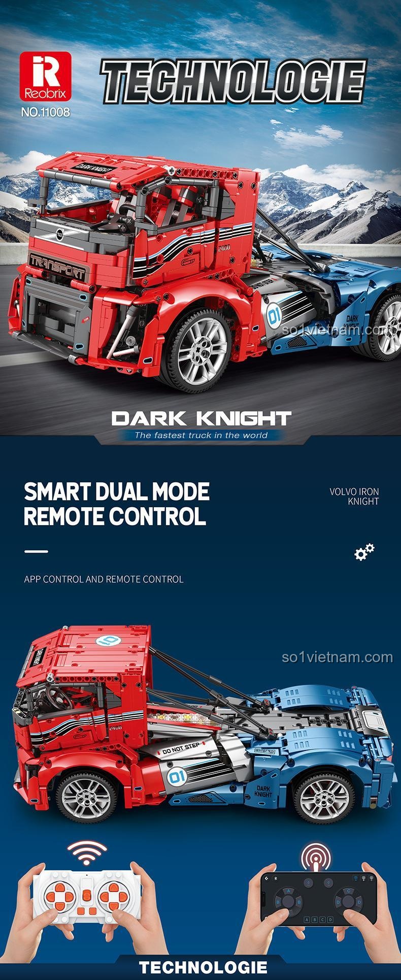 Bộ đồ chơi xe tải Iron Knight / Dark Knight Reobrix 11008 có chức năng điều khiển từ xa và điều khiển qua ứng dụng