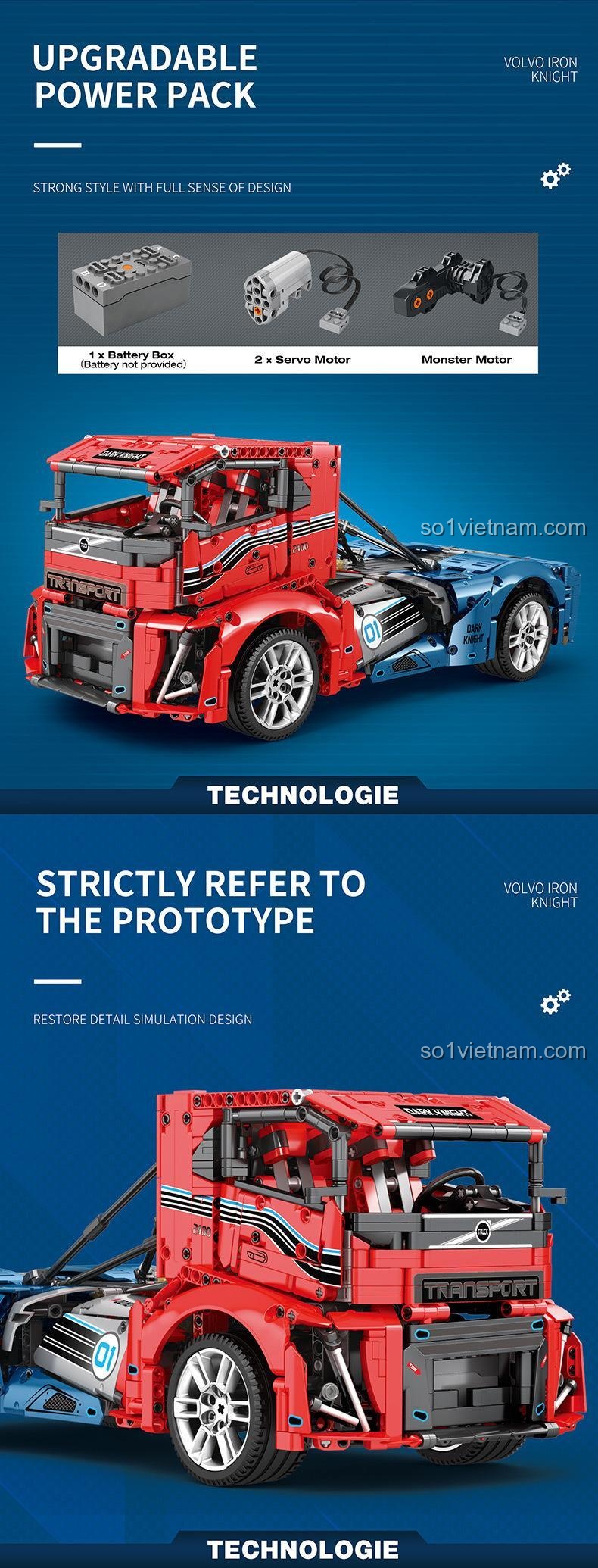 Bộ đồ chơi xe tải Iron Knight / Dark Knight Reobrix 11008 có thể nâng cấp bộ pin, bao gồm hộp pin, động cơ servo và động cơ quái vật