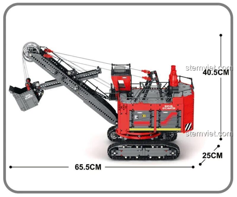 Kích thước chi tiết của đồ chơi mô hình Reobrix 22014 Máy xúc mỏ khổng lồ, dài 65.5cm, cao 40.5cm.
