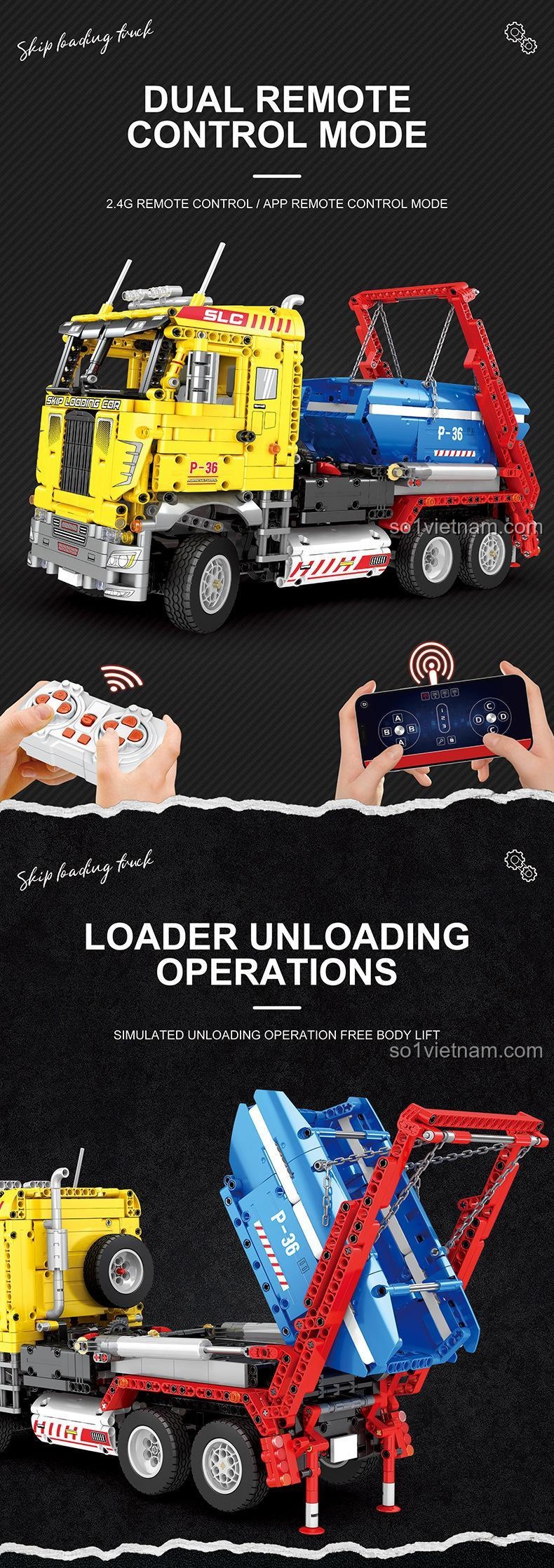 bộ đồ chơi Xe Tải Công Trình Reobrix 22016, điều khiển từ xa và kết nối điện thoại, đồ chơi lắp ghép cho con trai 14 tuổi