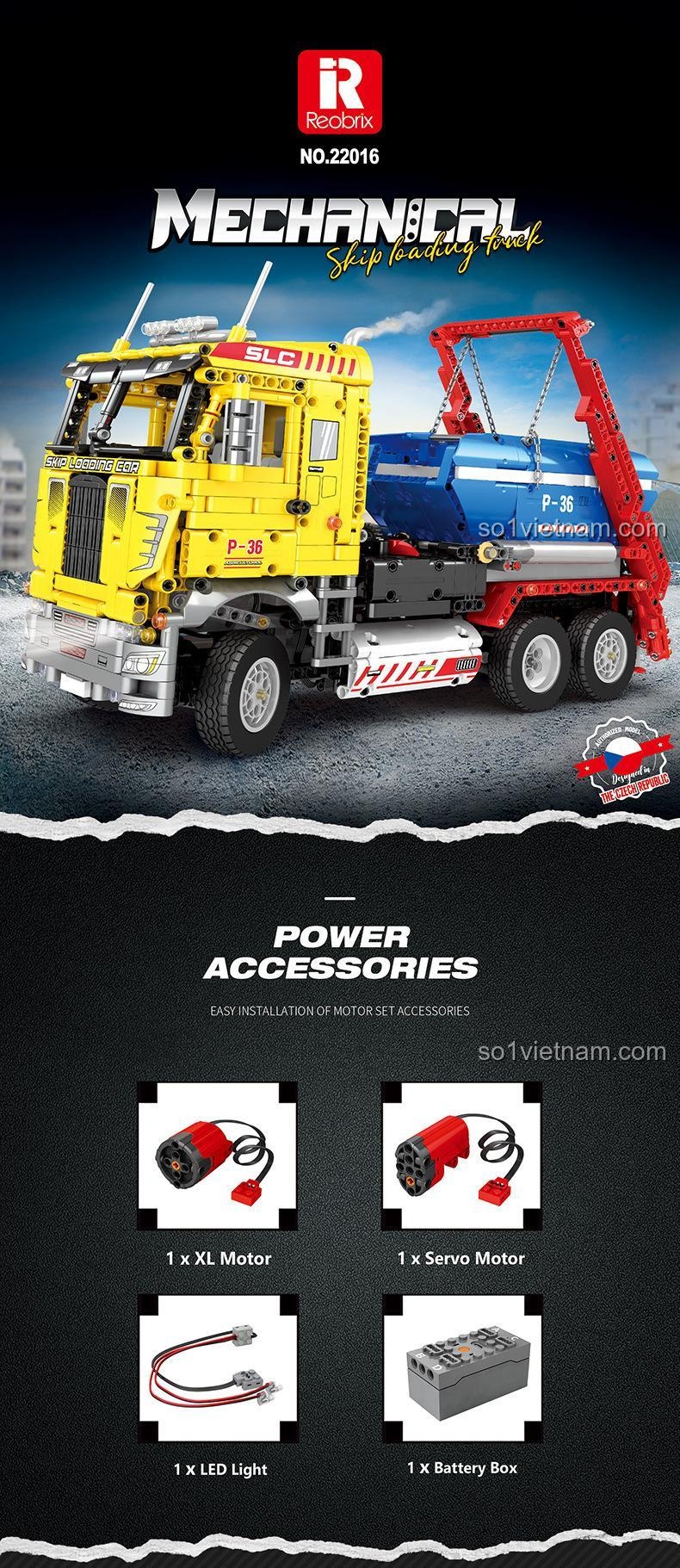 đồ chơi mô hình Xe Tải Cẩu Hàng Reobrix 22016, bộ lắp ráp có phụ kiện động cơ và đèn LED, phù hợp con trai 14 tuổi