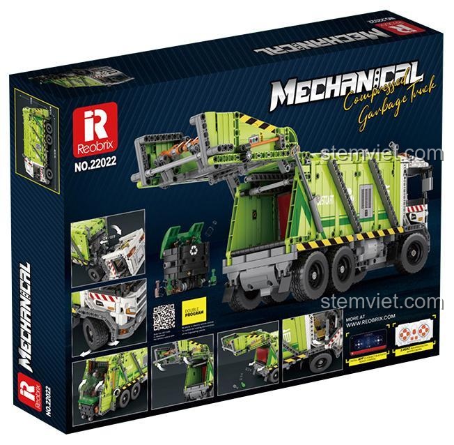 Mặt sau hộp đồ chơi mô hình Xe Rác Công Cộng, Reobrix Xe Tải Ép Rác, bộ lắp ráp Reobrix, cho bé trai 14 tuổi