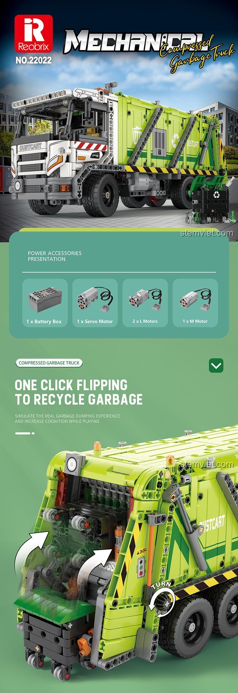 Phụ kiện động cơ Reobrix Xe Tải Ép Rác 22022, bộ lắp ráp 022, đồ chơi mô hình 22, tính năng điều khiển từ xa