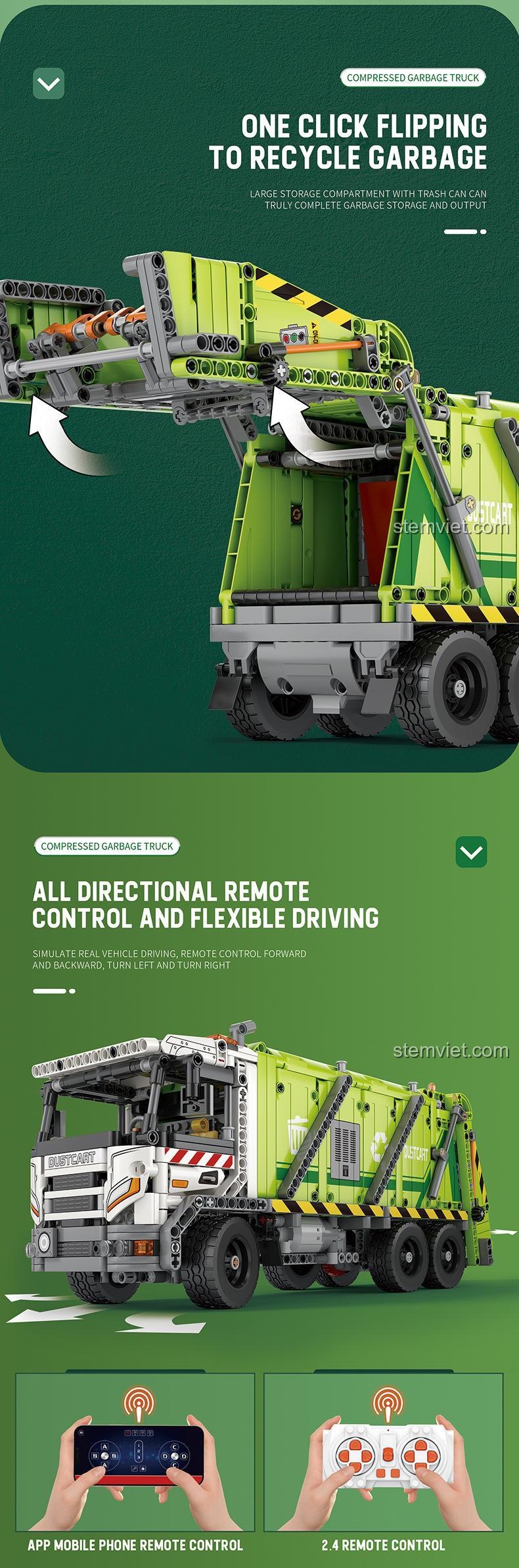 Tính năng lật rác một chạm của Xe Tải Ép Rác 22022, đồ chơi xây dựng 022, mô hình chức năng