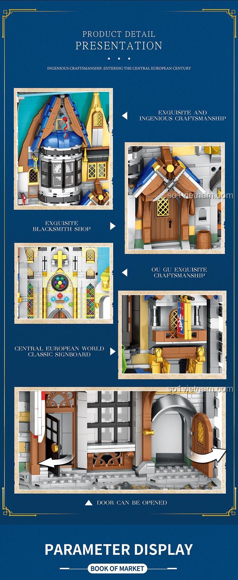 Các chi tiết tinh xảo của bộ lắp ghép Reobrix 66026, thể hiện sự khéo léo trong thiết kế kiến trúc Trung Cổ Châu Âu, đồ chơi mô hình chất lượng cao.