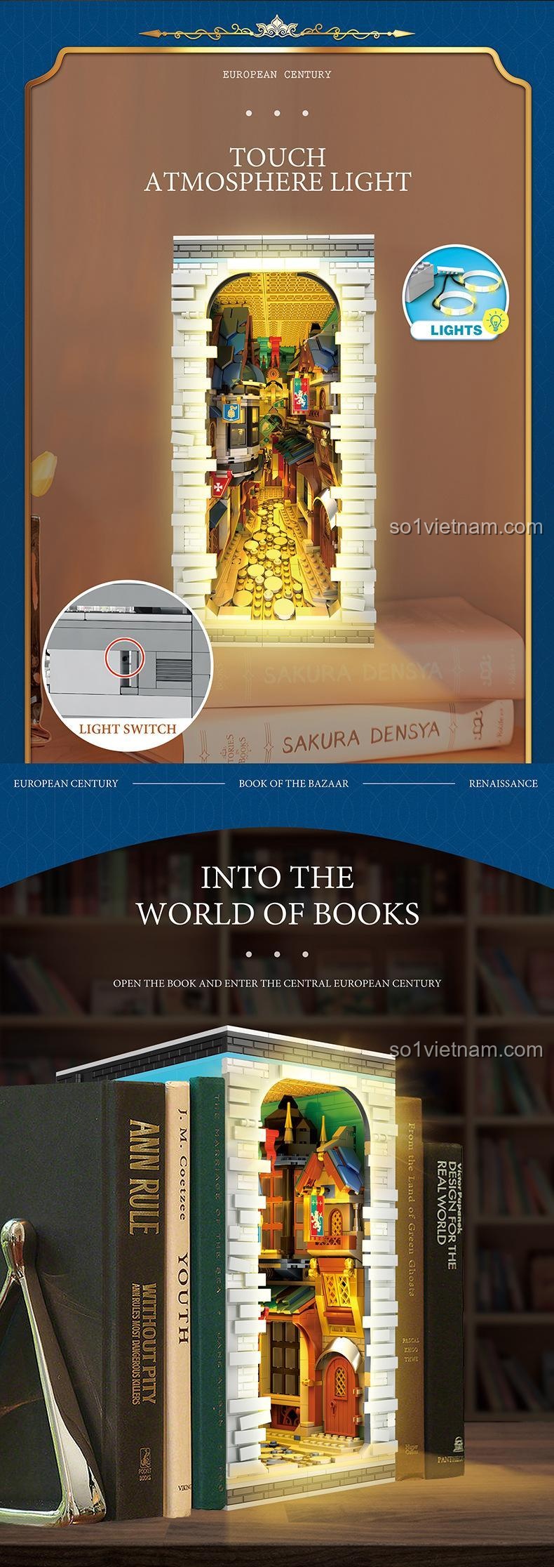 Mô hình Reobrix 66026 Mô Hình Book Nook Phố Chợ với hiệu ứng đèn LED lung linh, tạo không gian cổ kính và ấm áp cho kệ sách.