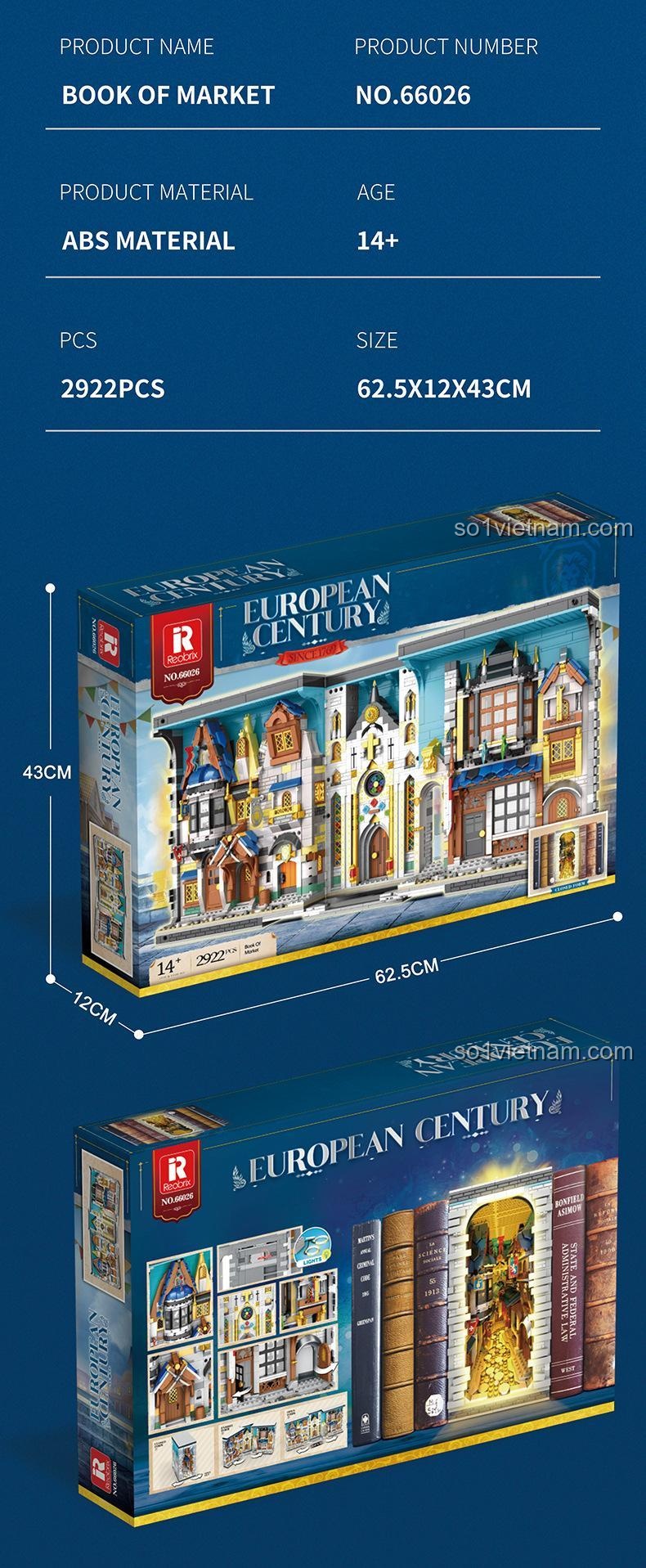 Thông số kỹ thuật hộp sản phẩm Reobrix 66026, bao gồm 2922 chi tiết, kích thước hộp 62.5x12x43 cm, phù hợp làm quà tặng.