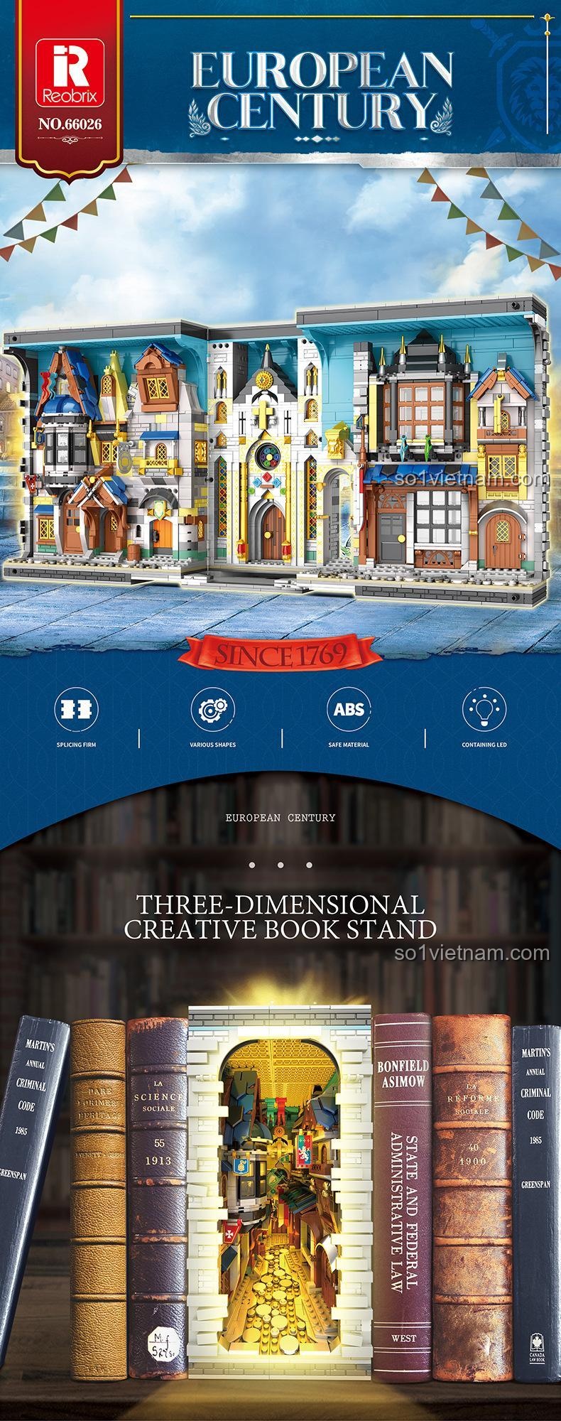 Các tính năng nổi bật của bộ lắp ghép Reobrix 66026 Mô hình Phố Chợ Trung Cổ Châu Âu: chất liệu ABS an toàn, có đèn LED, thiết kế đa dạng.