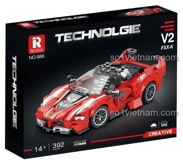 Hộp sản phẩm bộ đồ chơi lắp ráp Reobrix 686 Ferrari FXX-K V2, có thông tin 392 chi tiết, độ tuổi 14+