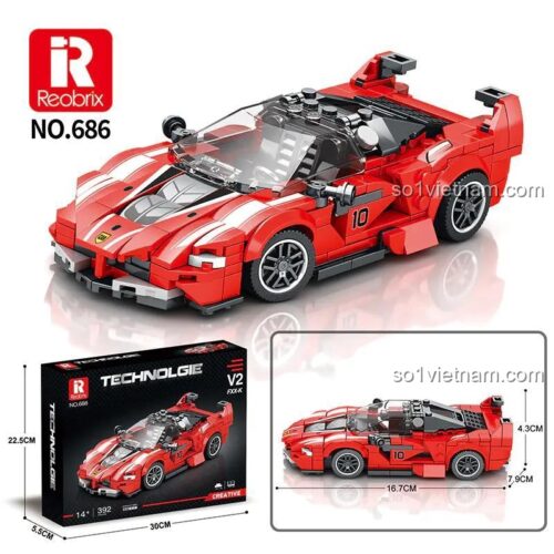 Hộp sản phẩm và mô hình xe Ferrari FXX-K V2 màu đỏ của Reobrix, mã 686, 392 chi tiết, độ tuổi 14+