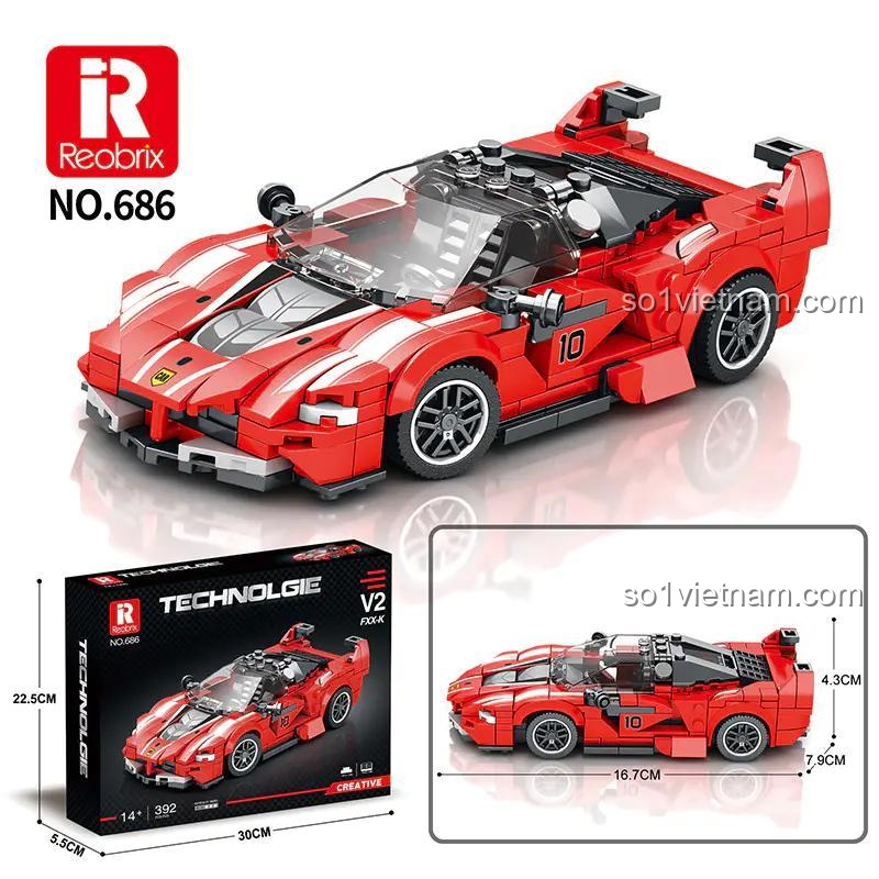 Hộp sản phẩm và mô hình xe Ferrari FXX-K V2 màu đỏ của Reobrix, mã 686, 392 chi tiết, độ tuổi 14+
