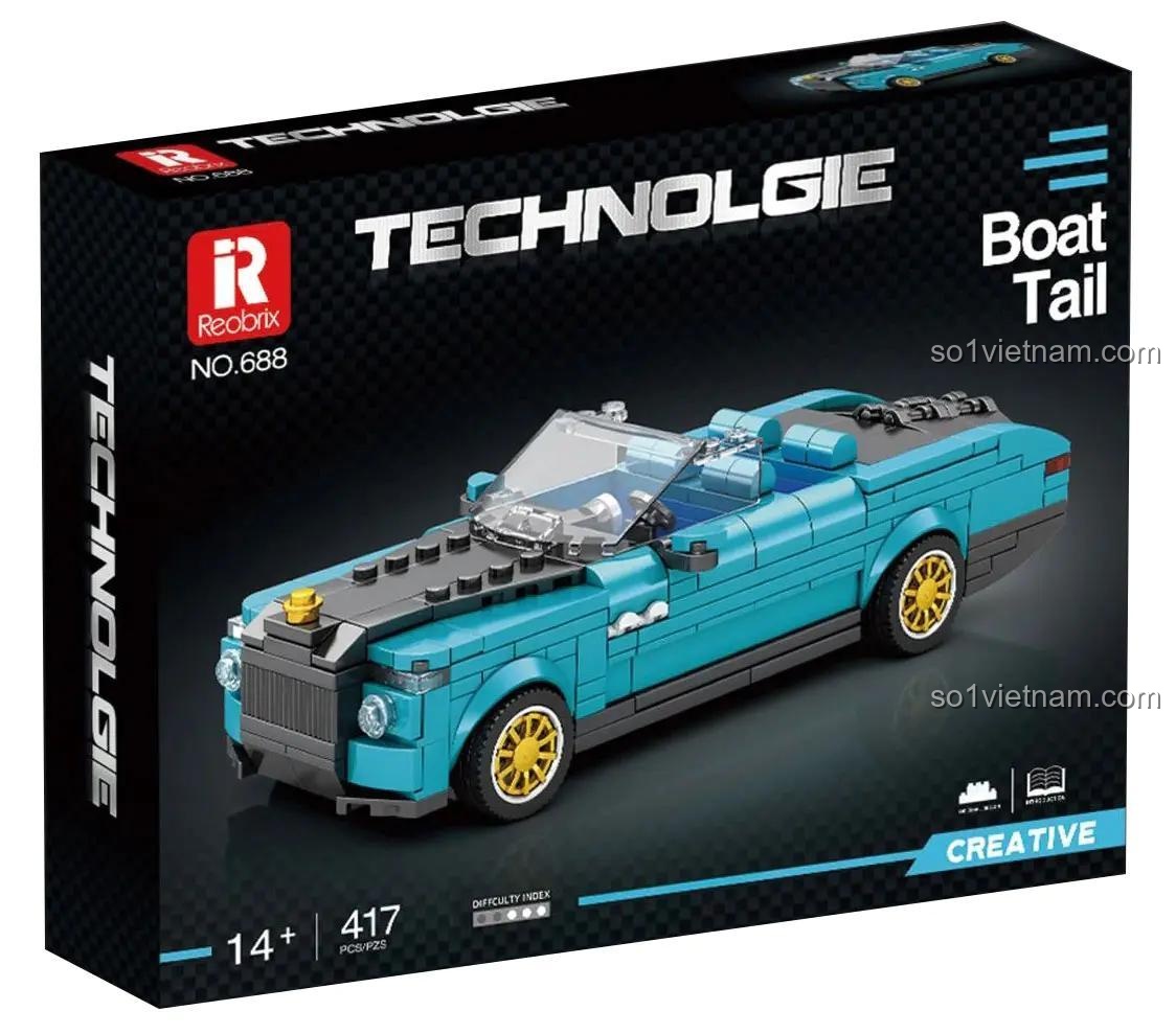 Hộp sản phẩm Reobrix 688 Rolls-Royce Boat Tail, có hình ảnh mô hình xe màu xanh dương, thông số 14+, 417 mảnh