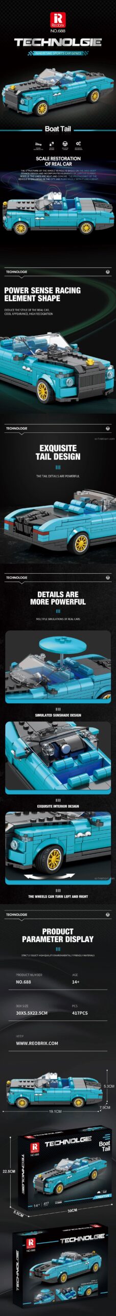 Mô hình xe Rolls-Royce Boat Tail màu xanh dương nhìn ngang, chi tiết thiết kế, bánh xe, bộ lắp ghép Reobrix 688