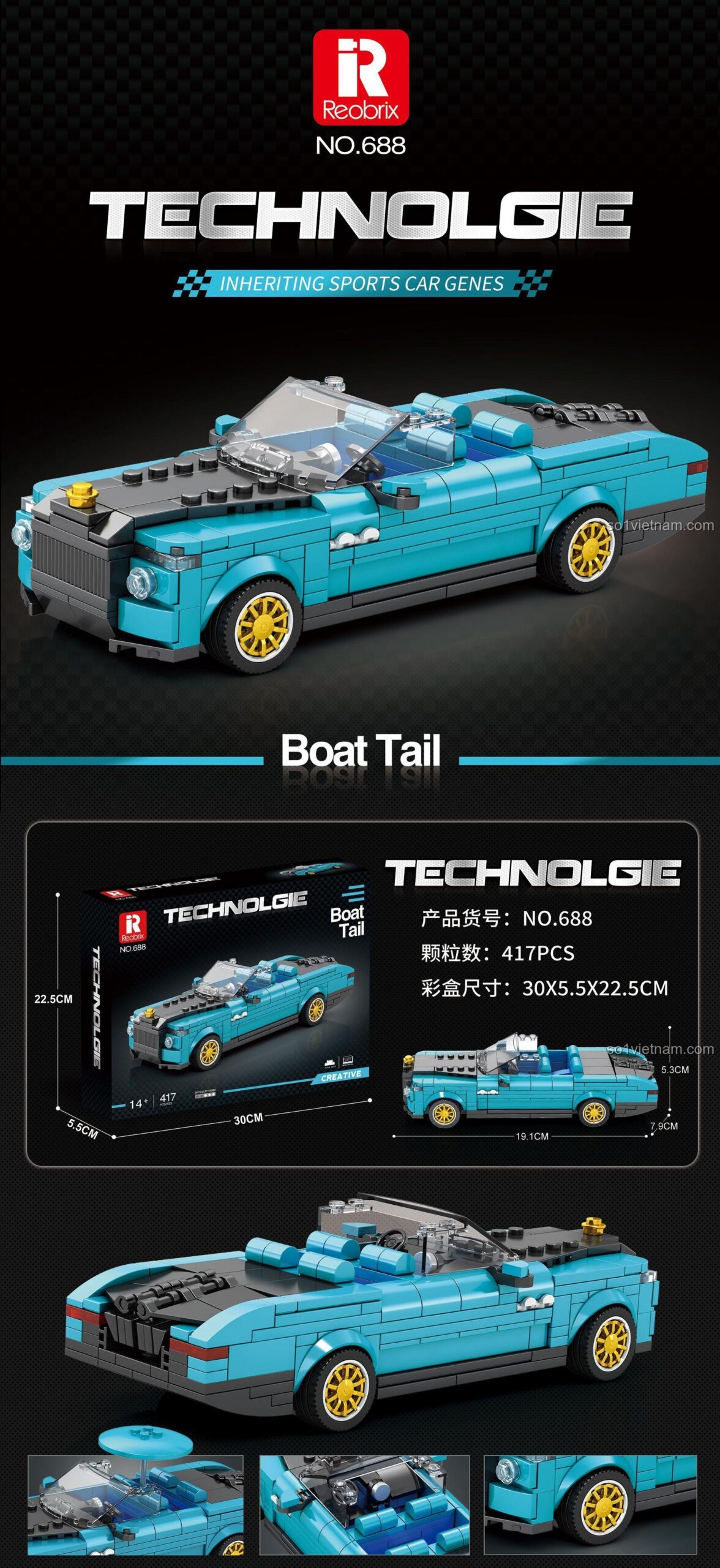 Mô hình xe Rolls-Royce Boat Tail màu xanh dương nhìn từ trên xuống, chi tiết nội thất, thiết kế mui trần, bộ lắp ghép Reobrix 688