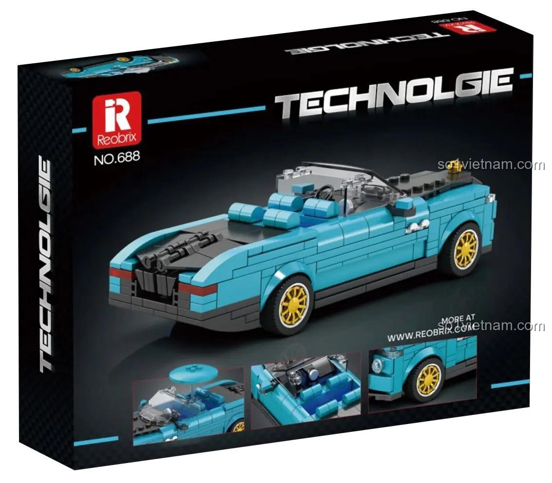 Mô hình xe Rolls-Royce Boat Tail màu xanh dương, chi tiết nội thất, bánh xe, thiết kế mui trần, bộ lắp ghép Reobrix 688