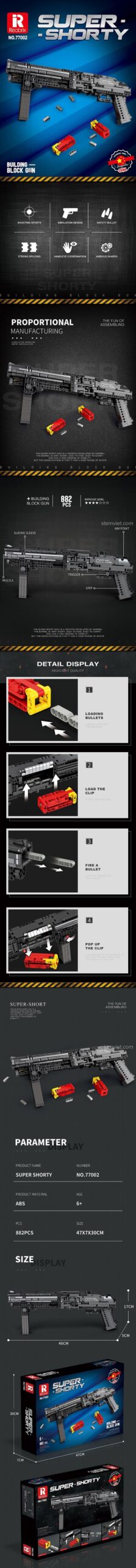 Thông số kỹ thuật mô hình súng Super Shorty Reobrix 77002, đồ chơi mô hình quân sự cho bé trai.