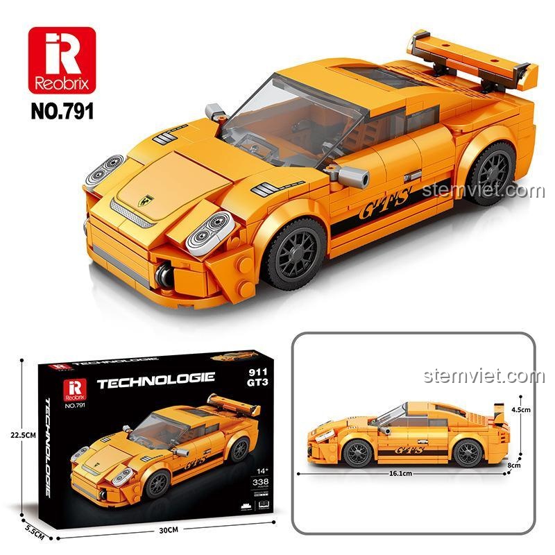 Kích thước chi tiết của bộ xếp hình Reobrix 791 và mô hình xe Porsche 911 GT3 sau khi lắp ráp.