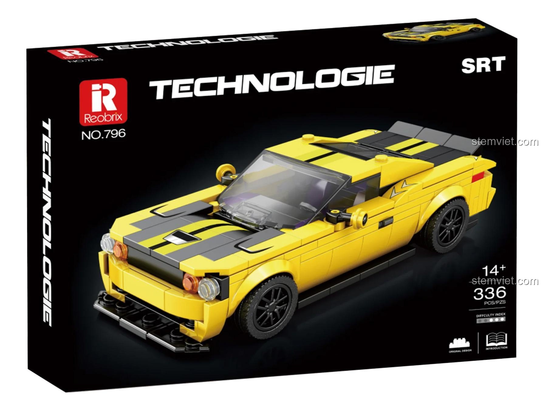Hình ảnh hộp và kích thước chi tiết của đồ chơi mô hình Reobrix 796, mô phỏng Siêu xe Dodge SRT.