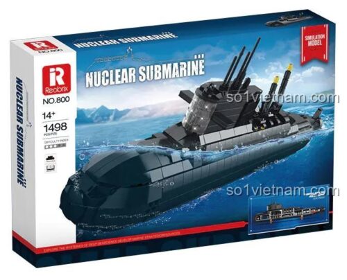 Mô hình hoàn chỉnh của bộ lắp ráp Tàu ngầm hạt nhân Type 094 Reobrix 800. Sản phẩm có màu đen tuyền, thiết kế khí động học, phù hợp cho con trai 14 tuổi trở lên yêu thích đồ chơi quân sự giá rẻ.
