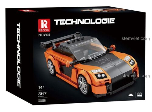 Hộp đồ chơi lắp ráp Reobrix 804 Mazda RX-7, thể hiện số chi tiết 367 mảnh và độ tuổi 14+, chất lượng cao.