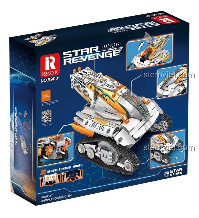 Mặt sau hộp đồ chơi lắp ráp Xe Thám Hiểm Vũ Trụ Reobrix, mô hình xe thám hiểm 99001, tính năng điều khiển từ xa và lập trình đơn giản
