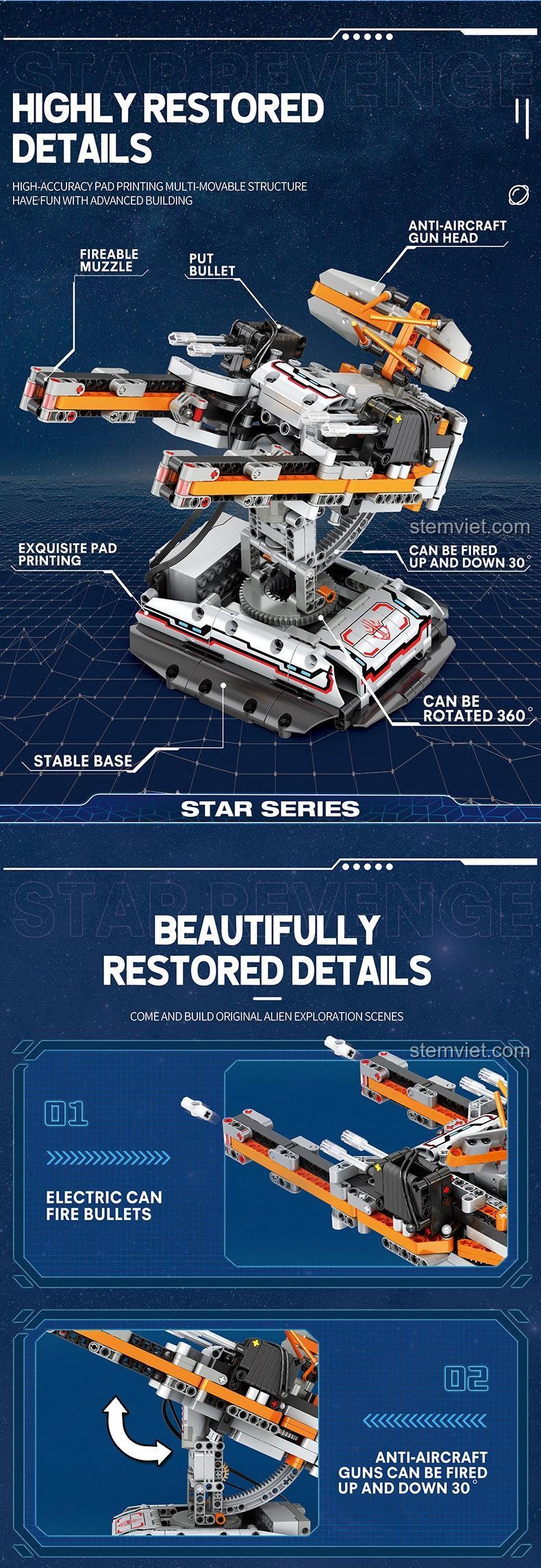 Các chi tiết được phục hồi cao của Reobrix 99002 Pháo Phòng Không Star Revenge, bao gồm nòng pháo có thể bắn, khả năng nâng hạ 30 độ và xoay 360 độ, một bộ lắp ghép vũ khí phòng không ấn tượng.