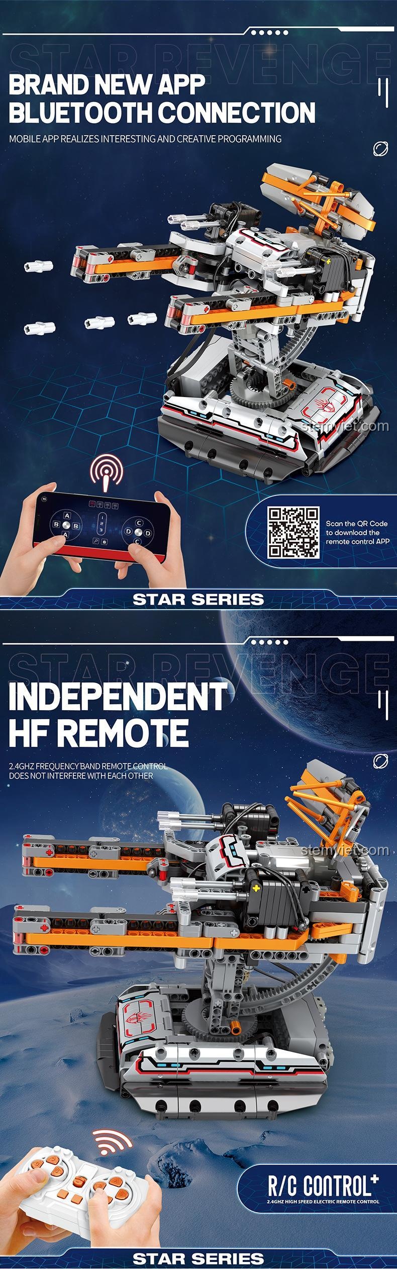 Mô hình Reobrix 99002 Pháo Phòng Không Star Revenge kết nối Bluetooth với ứng dụng điện thoại, cho phép lập trình và điều khiển từ xa, mang lại trải nghiệm đồ chơi lắp ráp công nghệ cao cho con trai 14 tuổi.