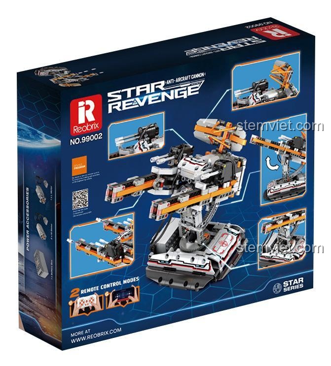 Mặt sau hộp Reobrix 99002 Pháo Phòng Không Star Revenge, giới thiệu các chế độ điều khiển từ xa và khả năng xoay 360 độ, một đồ chơi mô hình vũ khí phòng không đáng tiền.