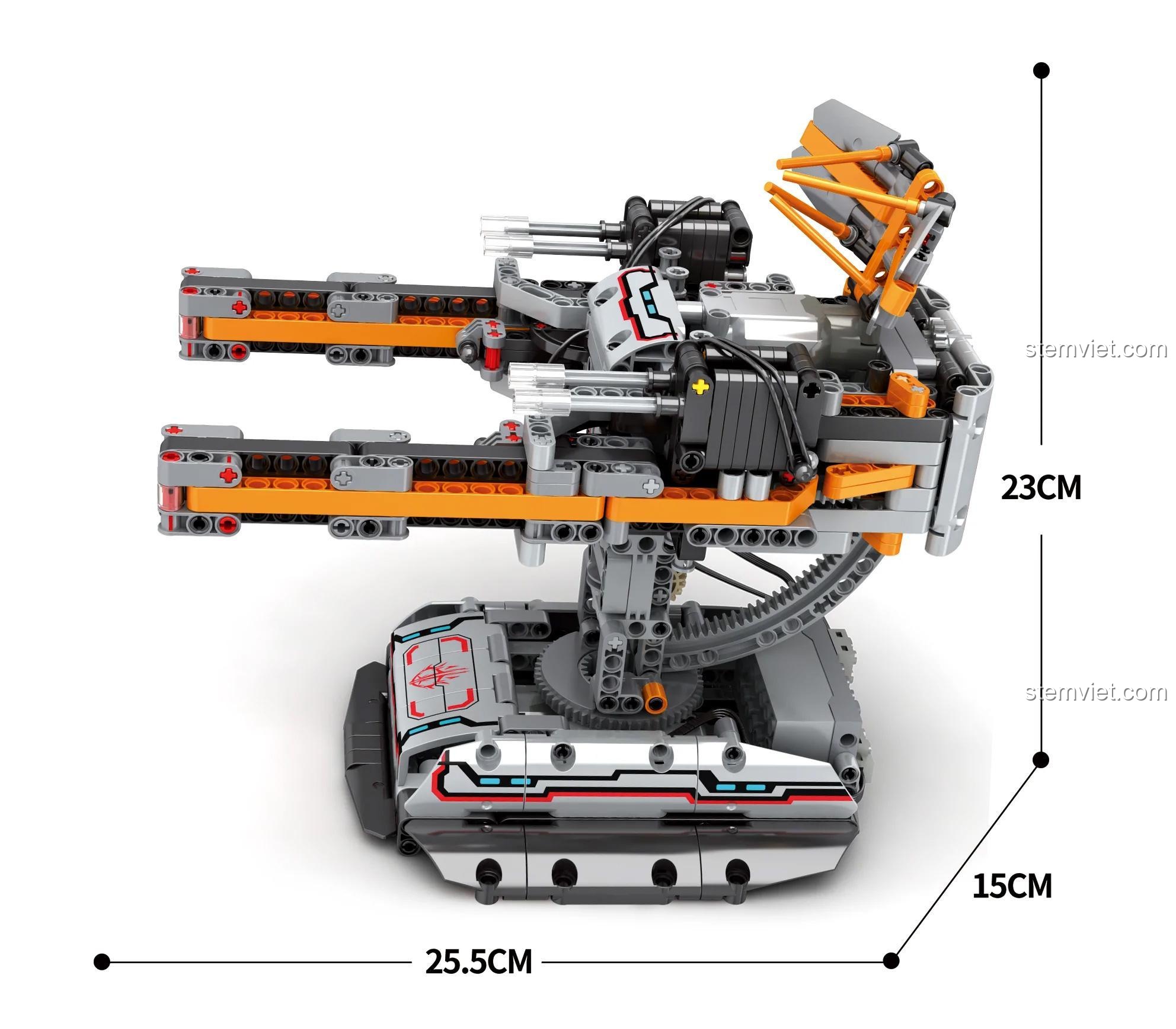 Ảnh thể hiện kích thước chi tiết của mô hình Reobrix 99002 Pháo Phòng Không Star Revenge, với chiều dài 25.5cm, rộng 15cm và cao 23cm, giúp người mua hình dung rõ hơn về bộ lắp ghép này.