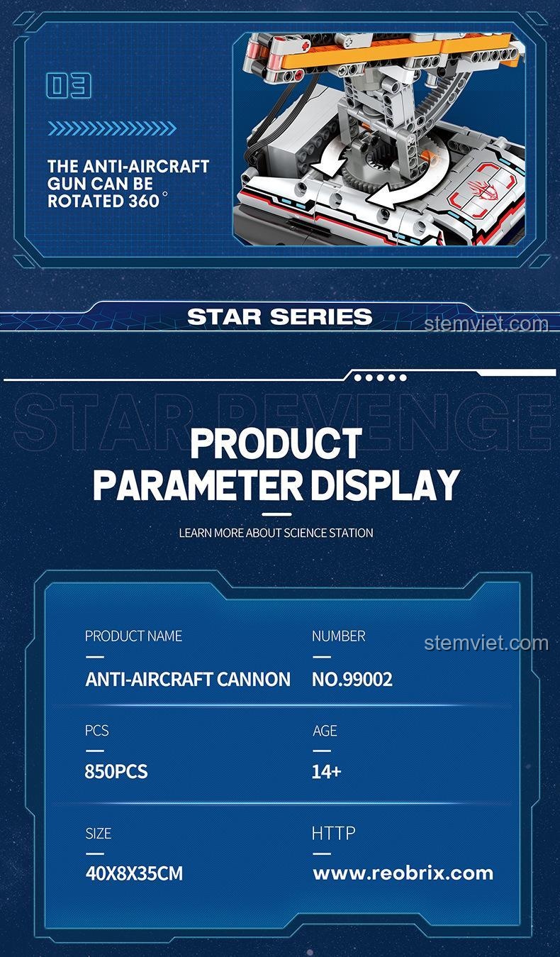 Mô tả chi tiết tính năng của Reobrix 99002 Pháo Phòng Không Star Revenge, bao gồm khả năng bắn đạn điện, nâng hạ nòng pháo 30 độ và xoay 360 độ, làm nổi bật đồ chơi mô hình vũ khí phòng không này.