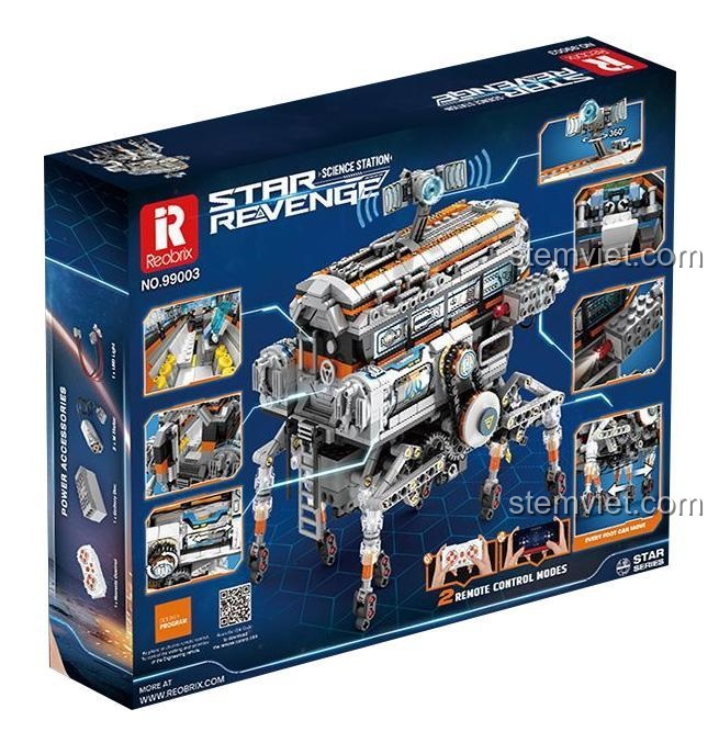 Mặt sau hộp đồ chơi mô hình Reobrix 99003 Trạm Khoa Học Star Revenge, giới thiệu các tính năng nâng cấp và điều khiển qua ứng dụng.