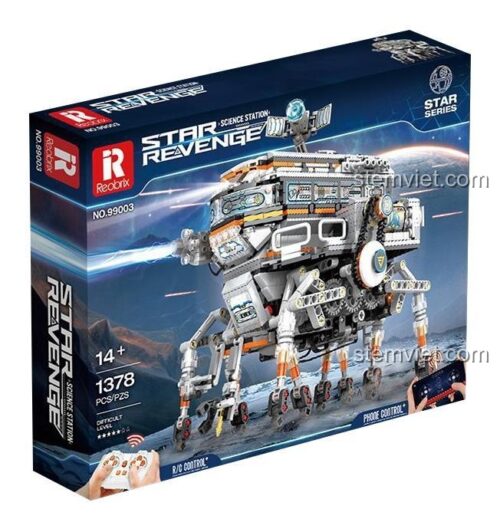 Hộp sản phẩm bộ lắp ráp Reobrix 99003 Trạm Khoa Học Star Revenge, hiển thị 1378 mảnh ghép và tính năng điều khiển từ xa.