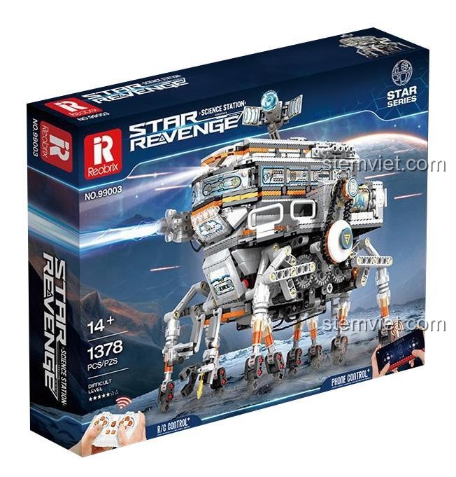 Hộp sản phẩm bộ lắp ráp Reobrix 99003 Trạm Khoa Học Star Revenge, hiển thị 1378 mảnh ghép và tính năng điều khiển từ xa.