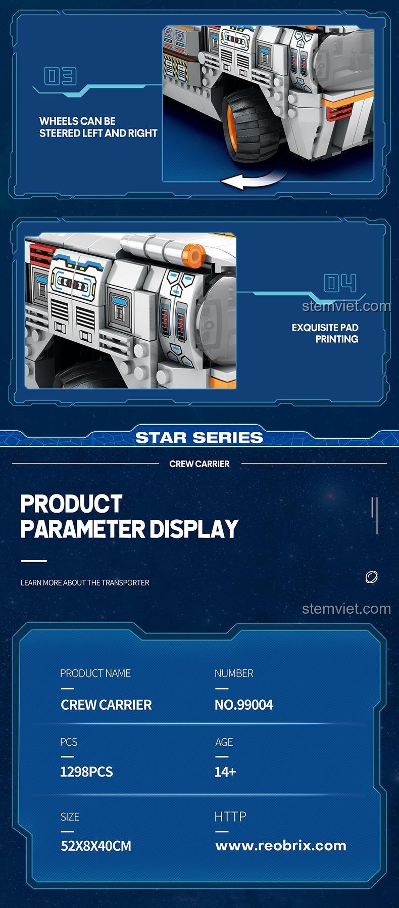 Các chi tiết được phục hồi đẹp mắt của đồ chơi lắp ghép Xe Địa Hình Vũ Trụ, bao gồm ghế hành khách và bánh xe điều hướng