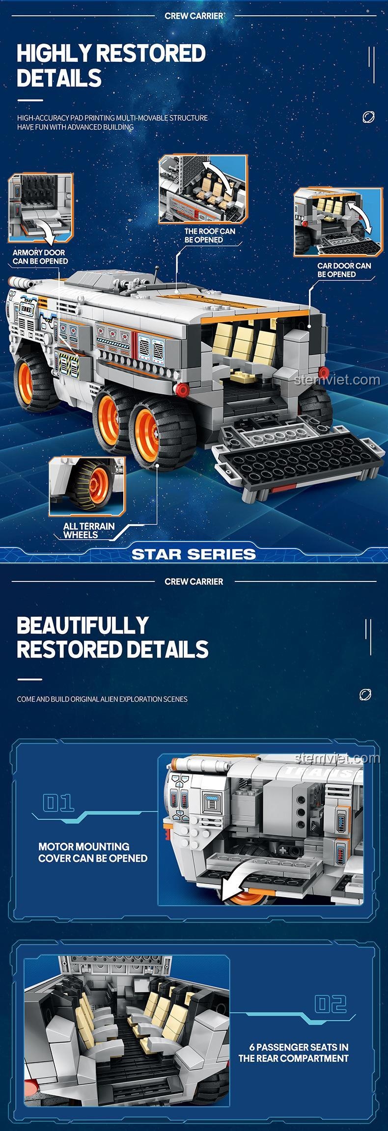 Chi tiết nội thất và các bộ phận mở được của bộ đồ chơi Reobrix Xe Chuyên Chở Phi Hành Gia, độ chi tiết cao