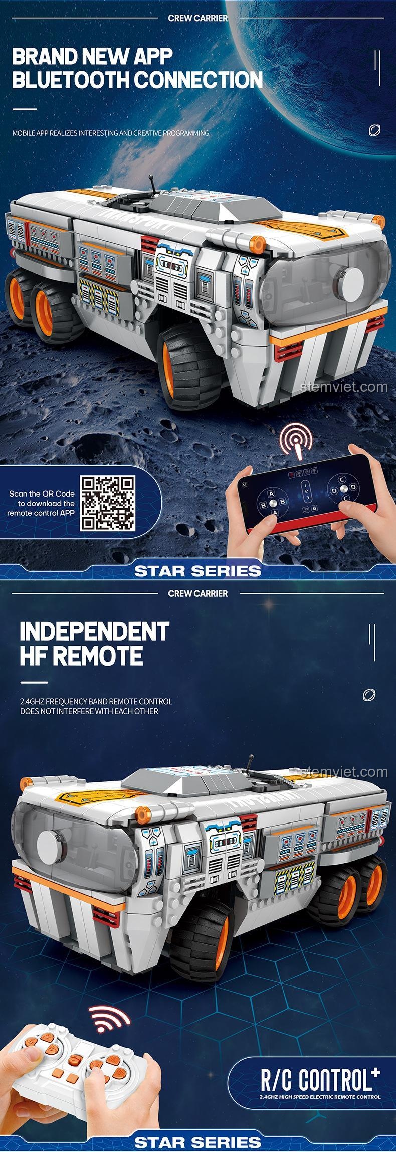 Tính năng điều khiển từ xa của đồ chơi mô hình Xe Không Gian 99004 qua ứng dụng Bluetooth và remote độc lập