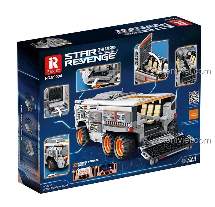 Mặt sau hộp đồ chơi mô hình Reobrix 99004, thể hiện tính năng lập trình và nâng cấp module động lực
