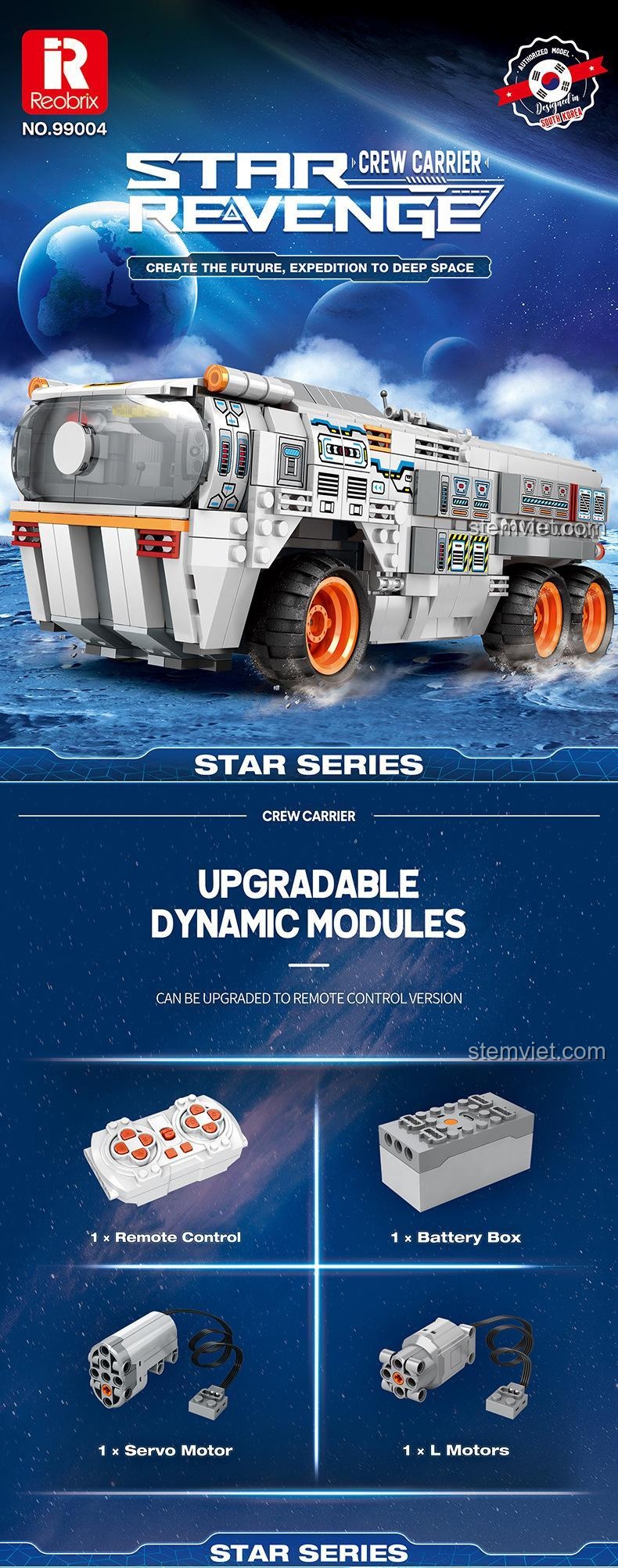 Bộ lắp ráp Reobrix 99004 Xe Vận Chuyển Phi Hành Đoàn với các module động lực có thể nâng cấp, đồ chơi công nghệ tương lai