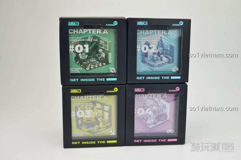 Bốn hộp mô hình AREA-X AX0080 X-BOX Phong Cách Sống Gen Z được xếp cạnh nhau, sẵn sàng cho review chi tiết.