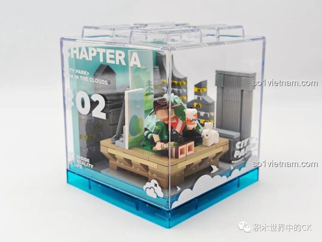 Mô hình hoàn chỉnh của bộ đồ chơi AREA-X AX0081 Khu cắm trại mini được đặt trong hộp trưng bày trong suốt. Trải nghiệm AREA-X AX0081.