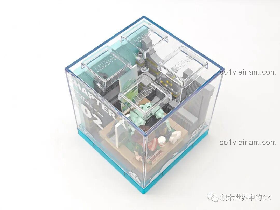 Mô hình hoàn chỉnh của bộ đồ chơi AREA-X AX0081 Khu cắm trại mini trong hộp trưng bày, nhìn từ trên xuống. Đánh giá AREA-X AX0081.