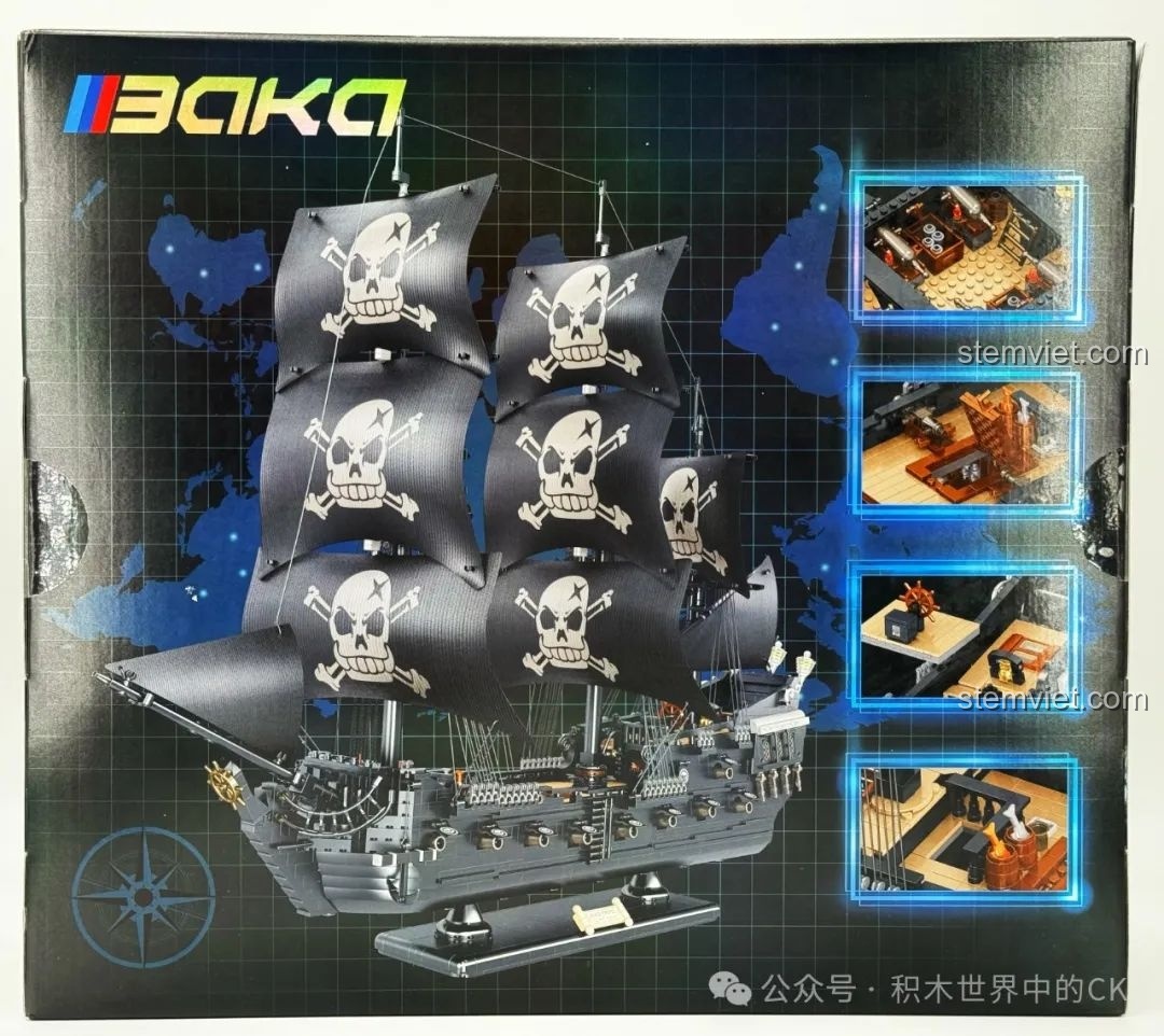 Mặt sau hộp bộ lắp ghép BAKA 33305 Mô hình Tàu Cướp Biển Đen, hiển thị các chi tiết nội thất và góc nhìn khác của mô hình.