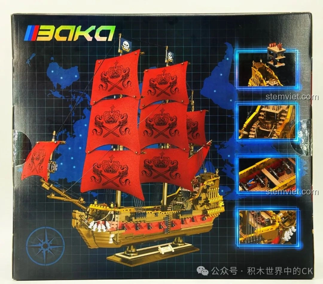 Mặt sau hộp bộ xếp hình BAKA 33306 Tàu Cướp Biển Lớn, giới thiệu các tính năng và chi tiết nổi bật.