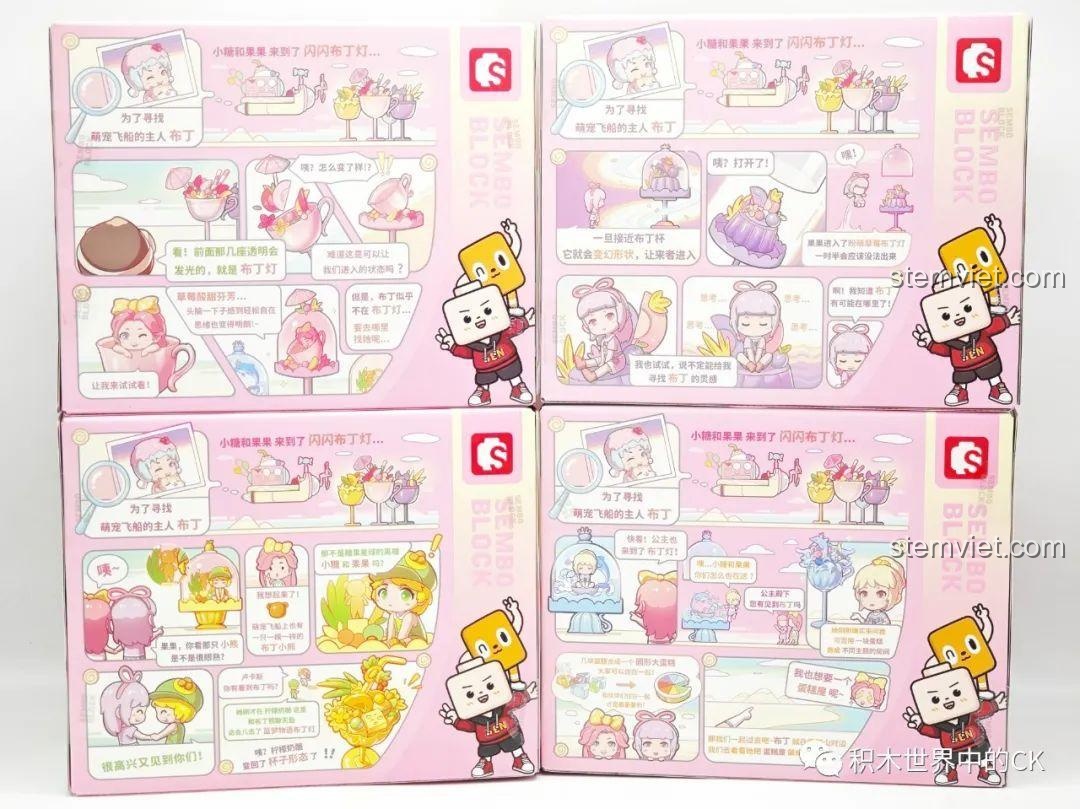 Hình ảnh truyện tranh minh họa về thế giới Candy Planet của Sembo, giới thiệu các nhân vật và câu chuyện liên quan đến bộ đèn bánh pudding phát sáng.