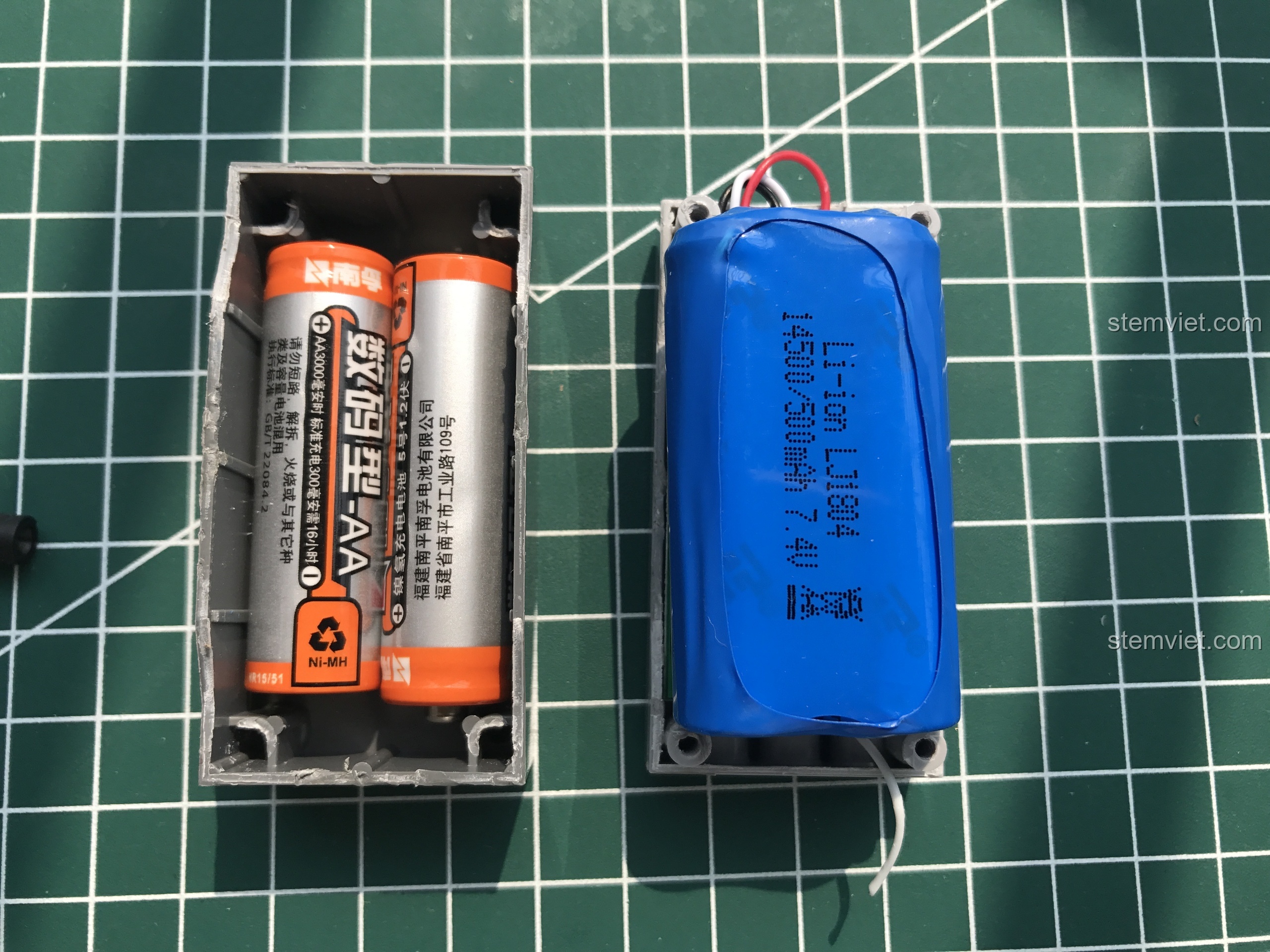 Mặt còn lại của pin 14500 với các ký hiệu cảnh báo an toàn, pin sạc đồ chơi.