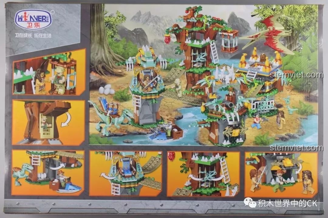 Mặt sau hộp đồ chơi lắp ráp Winner 8053 Bộ Lạc Khủng Long Chiến Long Kỷ Jura, giới thiệu các tính năng chính.