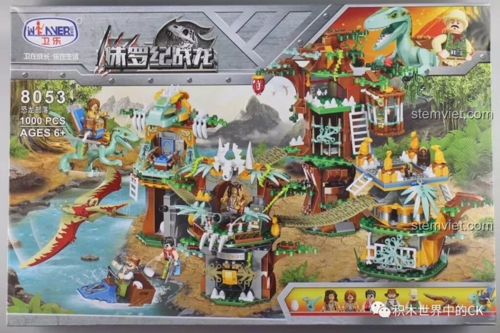 Hộp đồ chơi lắp ráp Winner 8053 Bộ Lạc Khủng Long Chiến Long Kỷ Jura với hình ảnh mô hình hoàn chỉnh và các nhân vật.